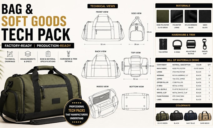 create a professional bag and soft goods tech pack