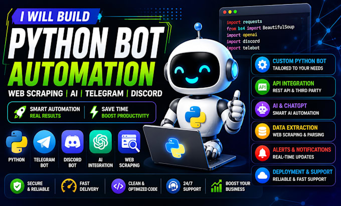 build custom python bot, ai bot, telegram bot, discord bot and web scraper