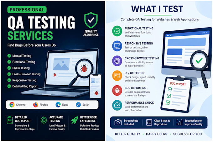 do professional QA testing, website testing, bug reporting