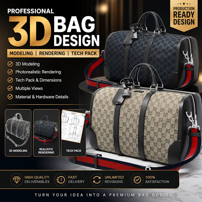 create 3d bag design, modeling, realistic rendering with tech pack