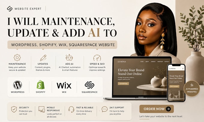 do maintenance, update, add ai to wordpress, shopify wix squarespace website