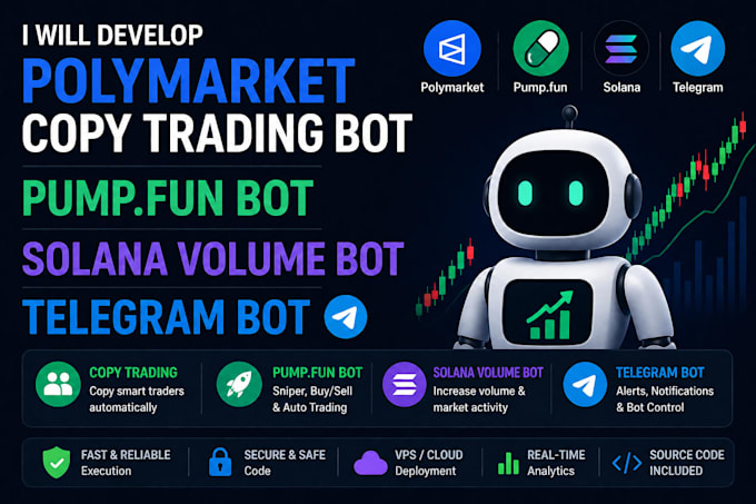 do polymarket copy trading bot, pump fun bot, solana volume bot, telegram bot