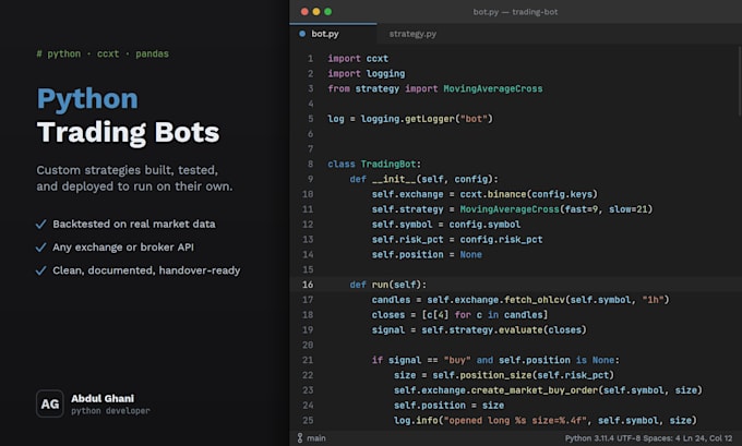 program and deploy python trading bots for your strategies
