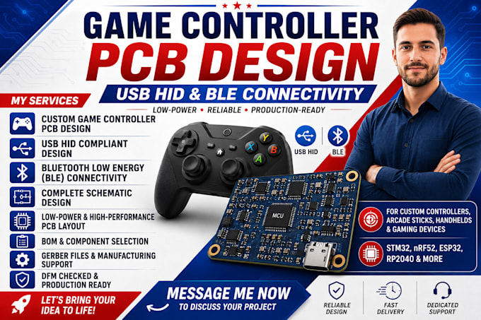 design game controller pcb with usb hid and ble schematic, low power layout