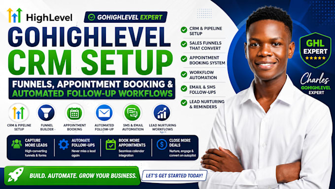 setup gohighlevel crm, funnels, appointment booking, automated followup workflow