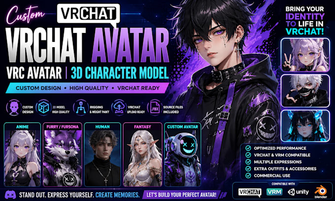 create custom vrchat avatar, vrc avatar, 3d vrchat character model, furry avatar