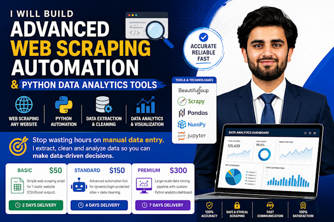 build advanced web scraping, python automation, and data analytics tools
