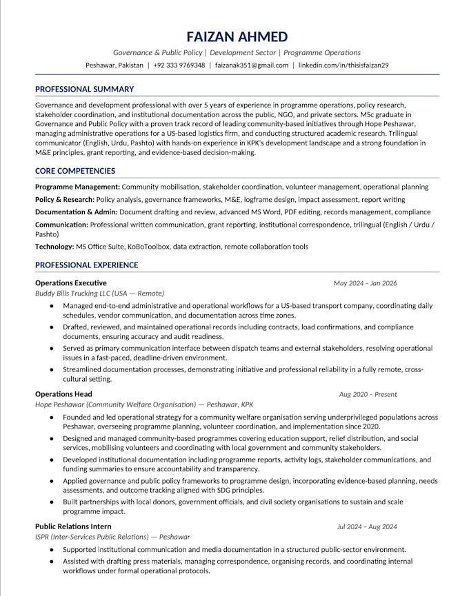 write a professional CV for ngo and development sector jobs