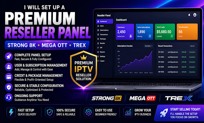 provide custom reseller panel, strong8k, trex panel, mega, dream4k, server panel