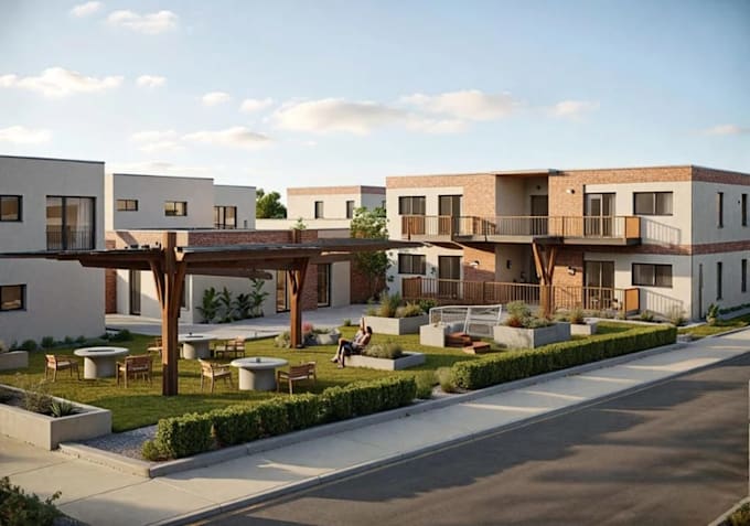 remodel 3d residential apartment, house layout rendering, outdoor garden visual