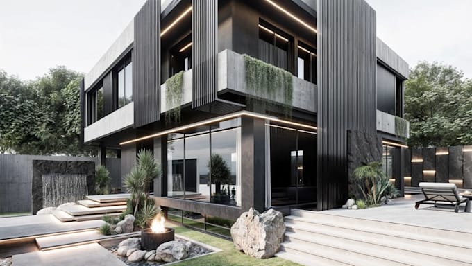 elevate3d aesthetic villa facade,landscape integration,indoor living area,corona
