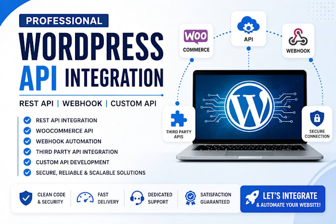 integrate wordpress api, rest api, woocommerce api, webhook and custom api