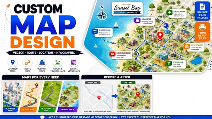 design custom map, vector map, inforgraphic, location and route map