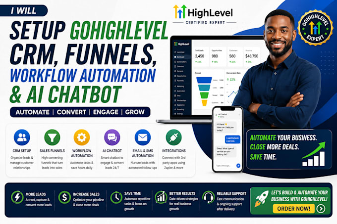 setup gohighlevel CRM, funnels, workflow automation and ai chatbot