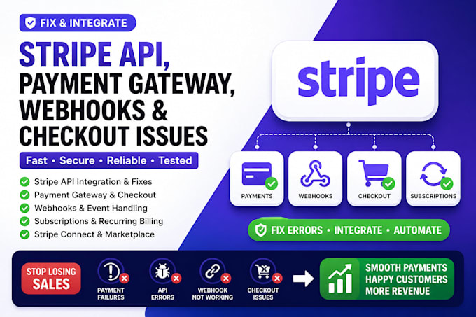 fix stripe API, payment gateway integration, webhooks and checkout issues