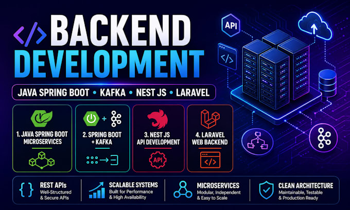 develop java spring boot microservices, kafka, nestjs, or laravel backend