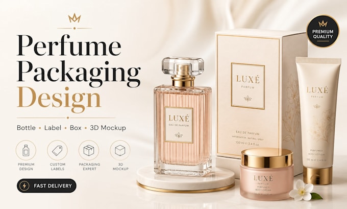 design luxury perfume bottle, label, packaging box and 3d mockup