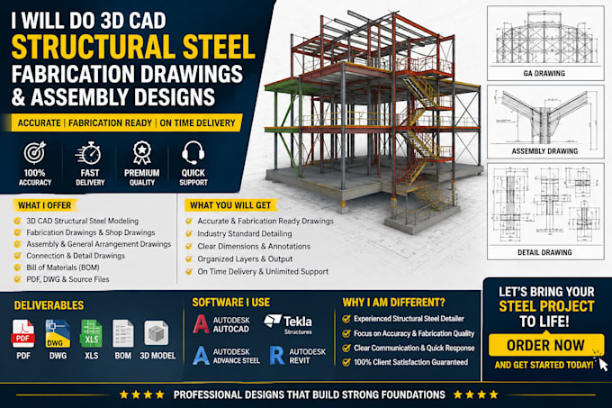 do 3d cad structural steel fabrication drawings and assembly designs