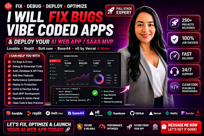 fix bugs vibe coded web app saas mvp replit debug base44 lovable bolt v0 apps