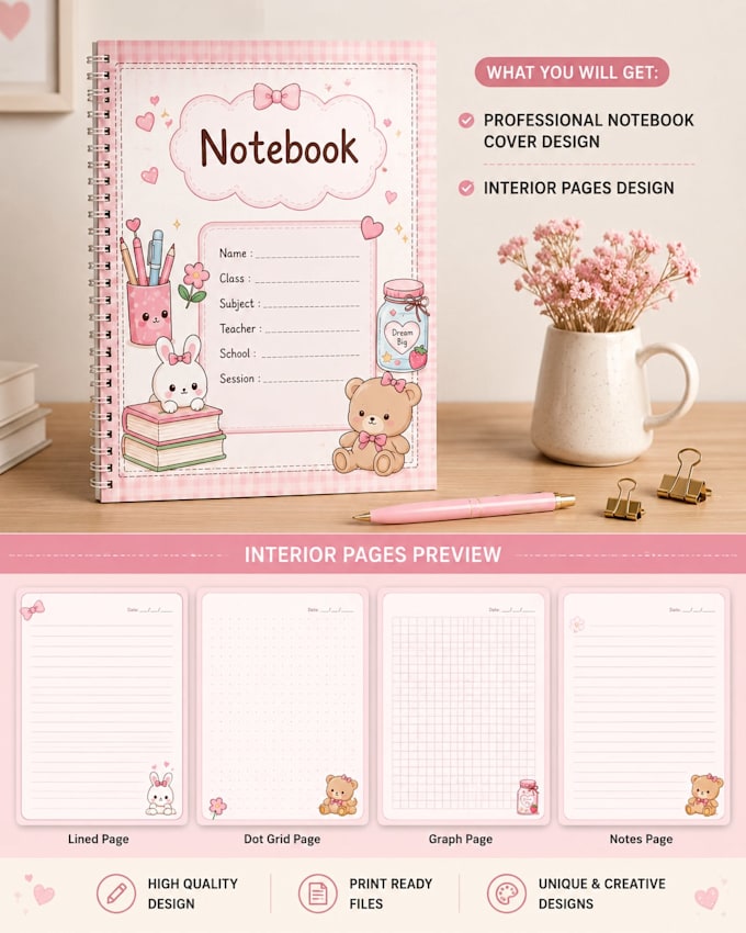 design notebook front cover, back cover and interior pages