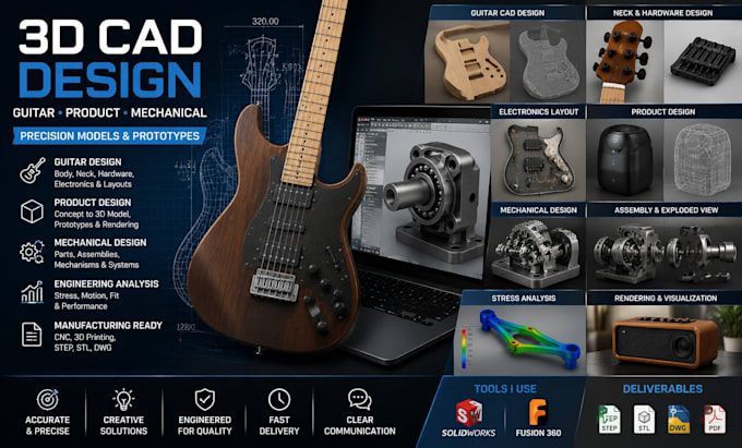 3d cad guitar, product , mechanical design precision models prototypes