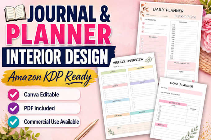 design a journal or planner interior for amazon KDP