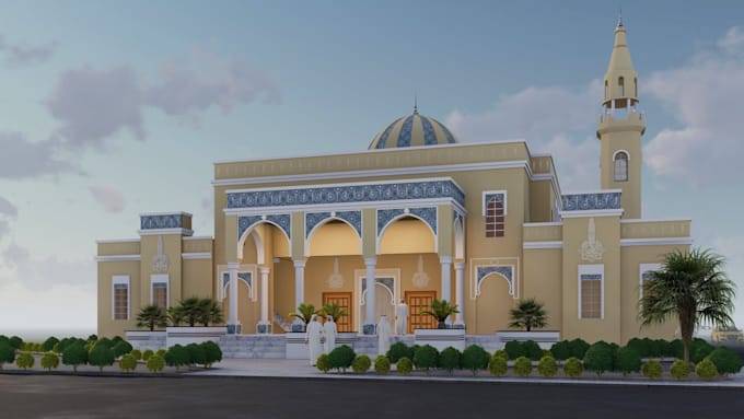 create 3d mosque design, islamic center, masjid, religion building visualization