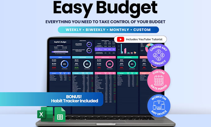 automated budget excel spreadsheet, custom finance spreadsheet, budget tracker
