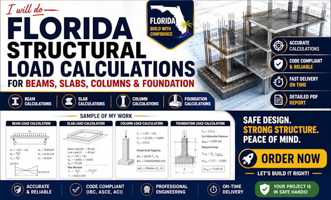 do florida structural load calculations for beams, slabs, columns and foundation