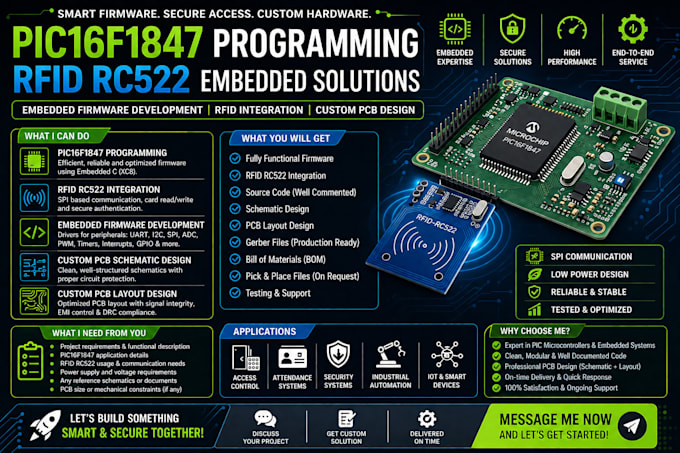 program pic16f1847, rfid rc522, embedded firmware and custom pcb design