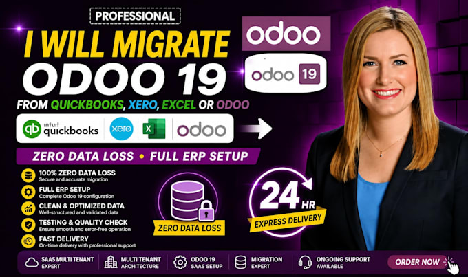 migrate odoo 19 from quickbooks xero excel odoo zero data loss, full erp setup