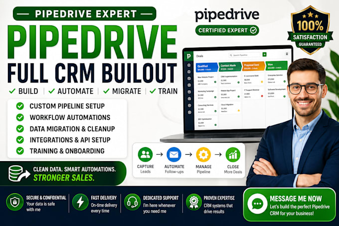 pipedrive full CRM buildout custom pipeline automations data migration training