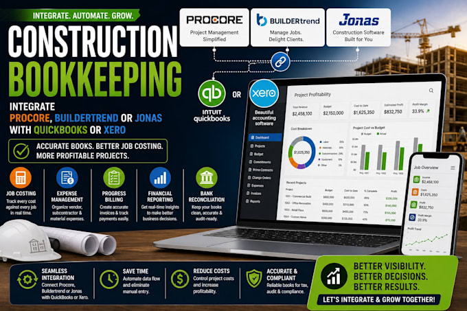 integrate procore, buildertrend or jonas with quickbooks xero for construction