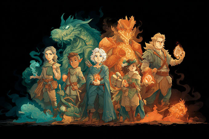 illustrate your full dnd party for tabletop rpg campaigns