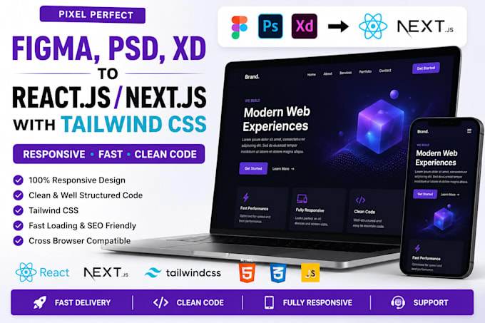 convert figma PSD or xd to react js or next js with tailwind CSS