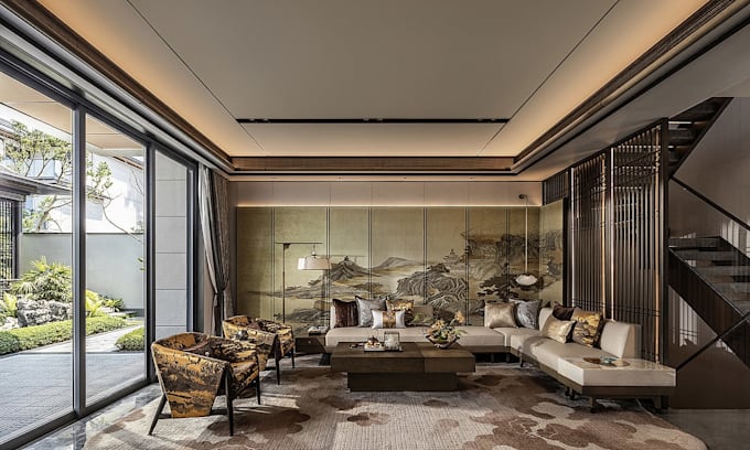 design asian style 2d floor plan and realistic 3d house interior rendering