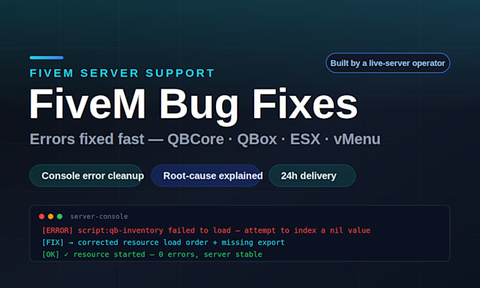 fix your fivem server errors, bugs and script issues fast qbcore, qbx, esx