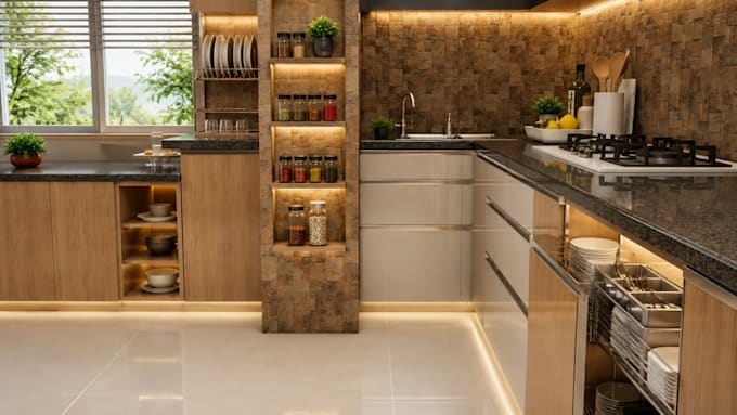 design a functional kitchen interior with smart storage solutions