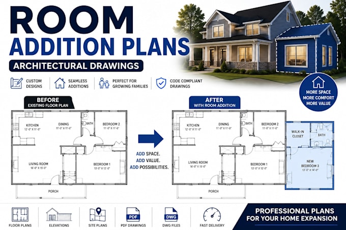 design room home addition floor plans, architectural drawings, layouts
