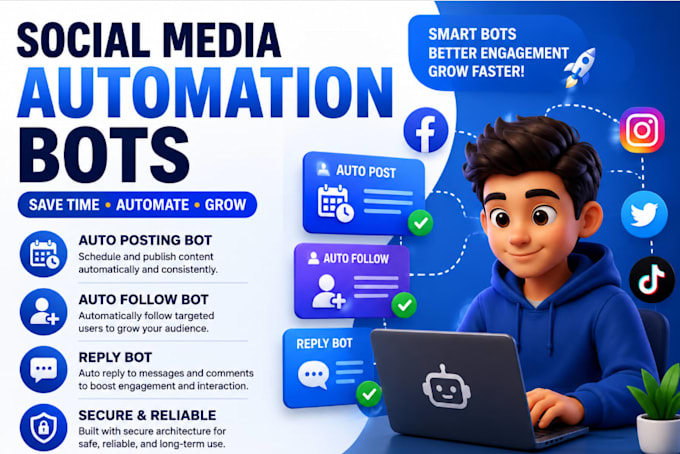 develop automated social media bot, auto posting bot, auto follow bot, reply bot