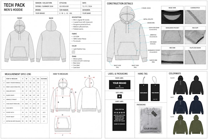make a production ready apparel tech pack with specs and bom
