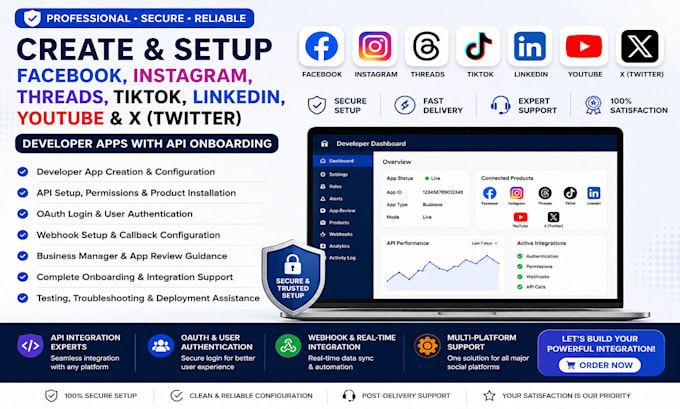 create facebook, instagram, tiktok, linkedin developer apps