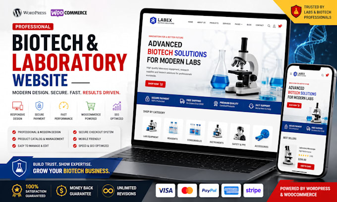 build professional biotech and laboratory wordpress ecommerce website