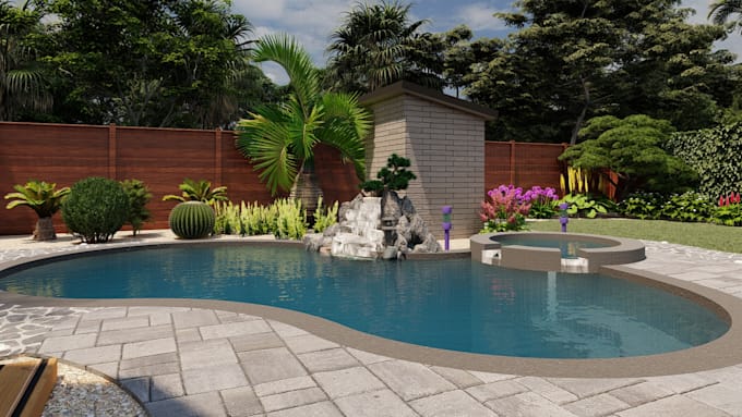 create a custom backyard design with pool and patio