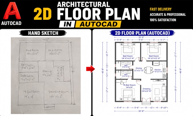 draw, redraw 2d architectural floor plan, blueprint autocad
