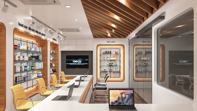 reset 3d retail pharmacy, healthcare interior, store layout, cgi counter render