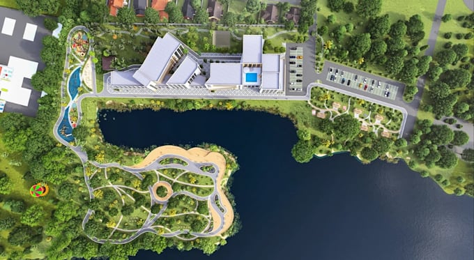 resort complex render from 2d plan, location map to site model, beach building