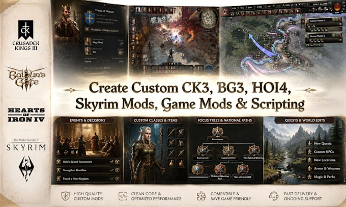 do custom ck3 mod, bg3 mod, hoi4 mod, game modding and scripting, skyrim mod
