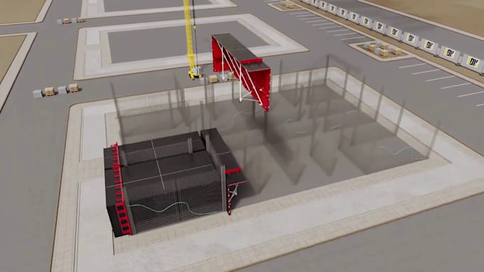 create cinematic 3d construction animation, building sequence and site logistics
