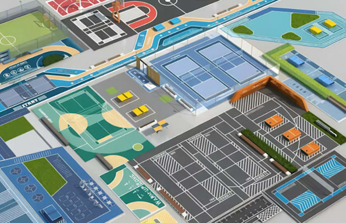 develop 3d sport complex, functional zones design, recreational ground rendering